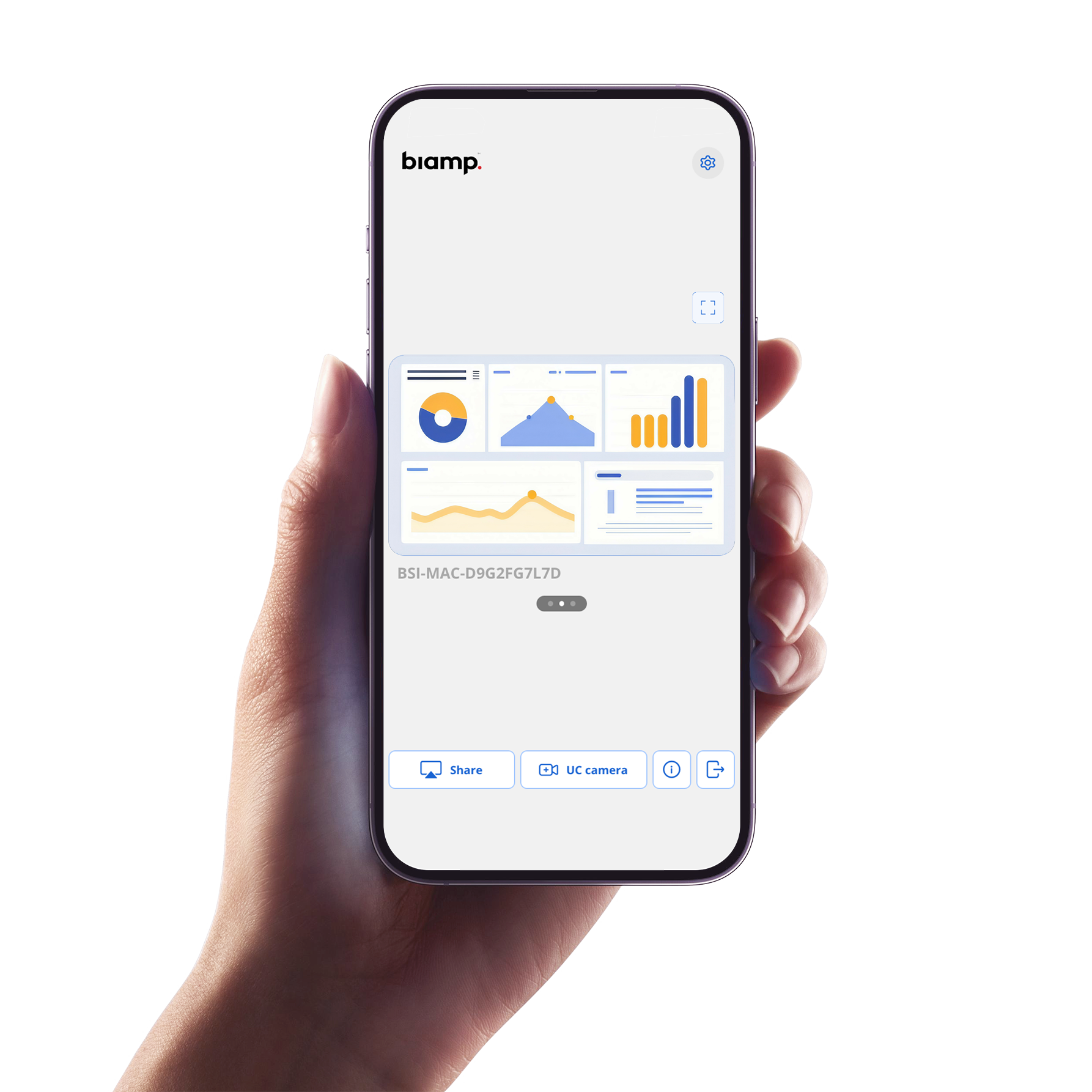 Hand holding a mobile device that's displaying max connect dashboard