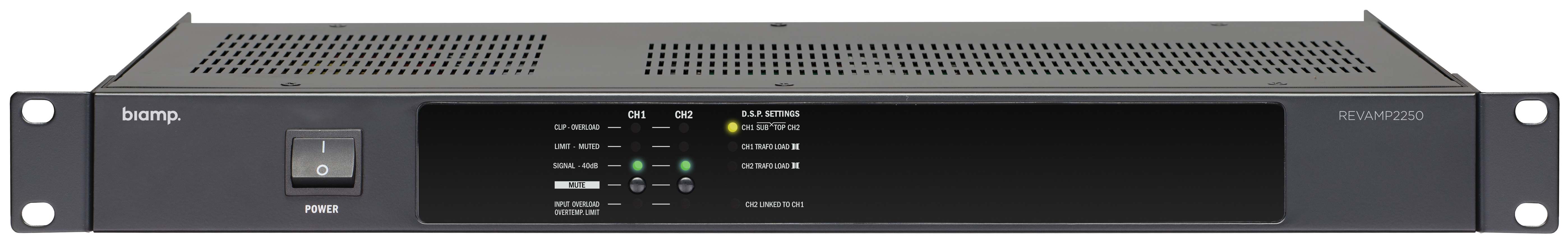 Two-channel bridgeable digital power amplifier, 2x250 watts, 4 ohms. 