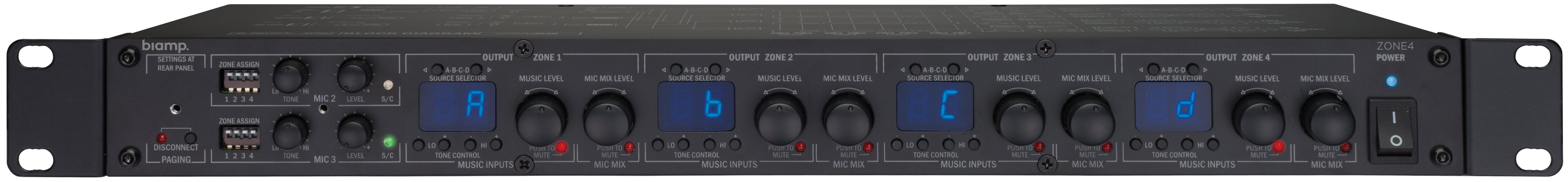 The Biamp ZONE4 Pre-Amplifier front view in hi-resolution