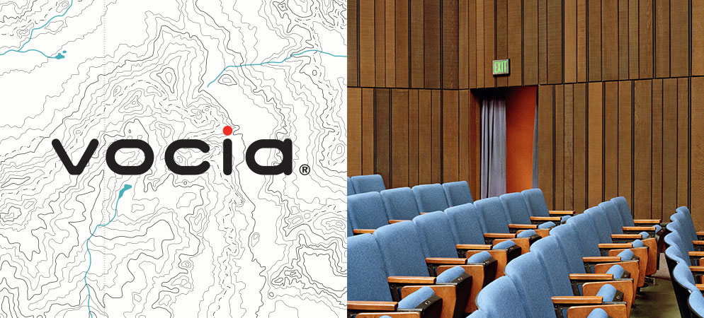 Image of Vocia text on the left and an empty auditorium on the right.