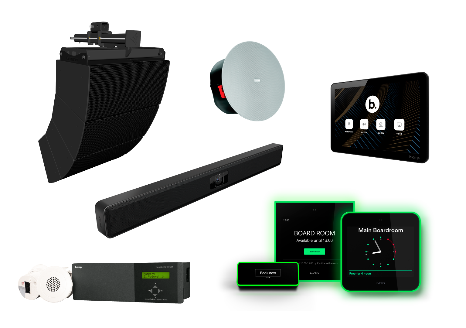 Collage of Biamp professional AV solutions including loudspeakers, ceiling speaker, soundbar with camera, control touch panel, DSP, and Evoko room booking displays on a black background