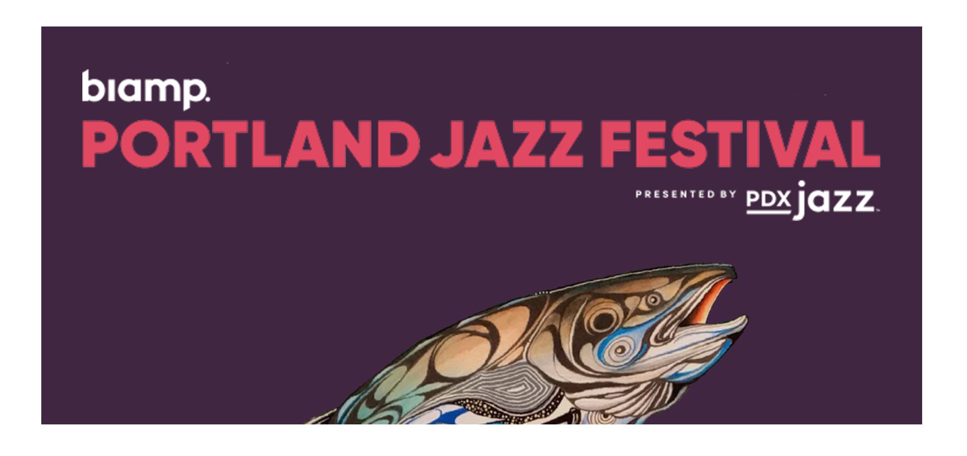 Biamp Portland Jazz Festival banner presented by PDX Jazz with bold event title and illustrated fish on purple background