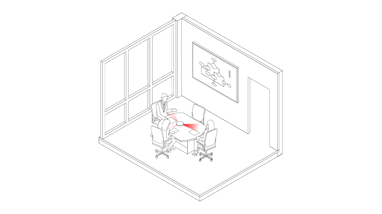 Animated GIF of a line drawing showing a woman getting up and talking and how Biamp Beamtracking follows the speaker.