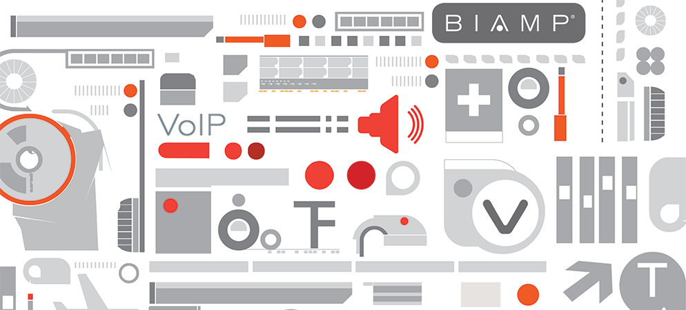 Biamp VoIP banner graphic with abstract icons for voice over IP, paging, and business communications solutions