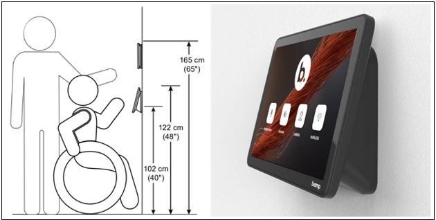 Image of an illustrated standing user and use in a wheelchair and height options for the Apprimo Touch 8i