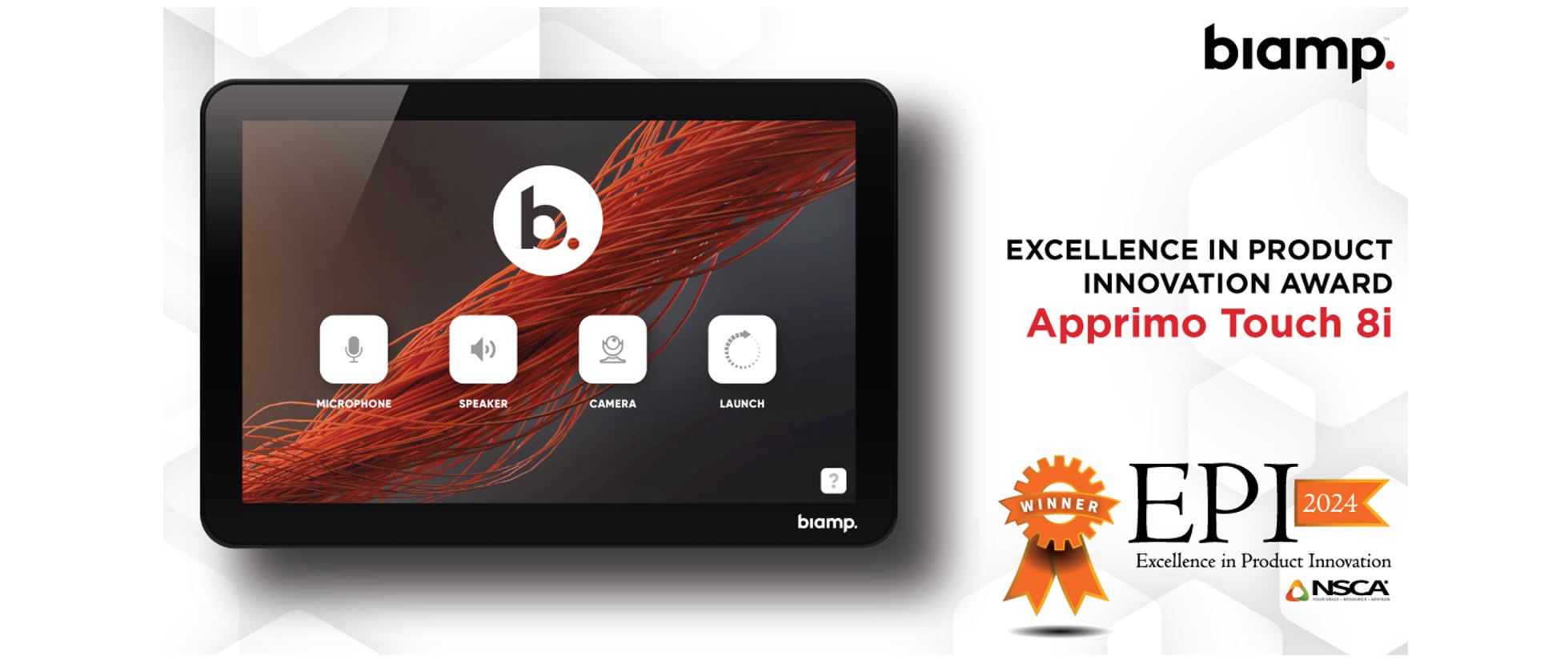 Biamp Apprimo Touch 8i control panel winning 2024 EPI Excellence in Product Innovation Award for conference room AV control