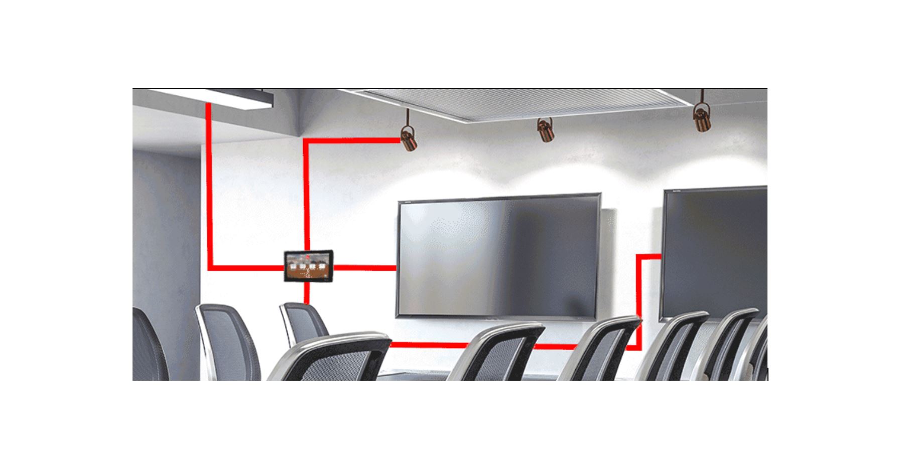 Conference room AV wiring diagram showing touchscreen control panel, displays, and ceiling speakers connected in an integrated setup