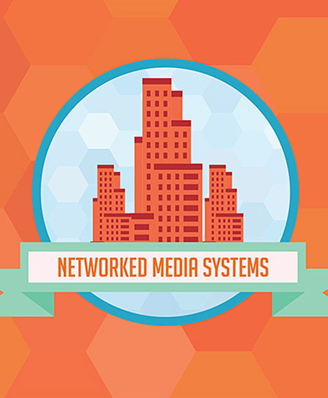 Networked media systems graphic with city skyline icon and text banner, AV over IP and digital networking concept illustration