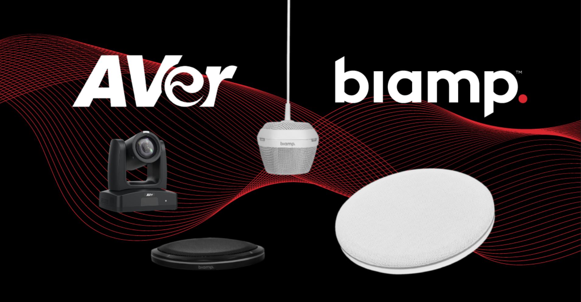 AVer and Biamp partnership graphic featuring PTZ camera, ceiling microphone, tabletop mic, and ceiling speaker for conference room AV solutions