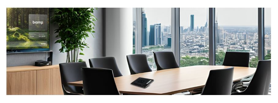 Modern conference room with large display, boardroom table, and city view, equipped for Biamp video conferencing and presentations