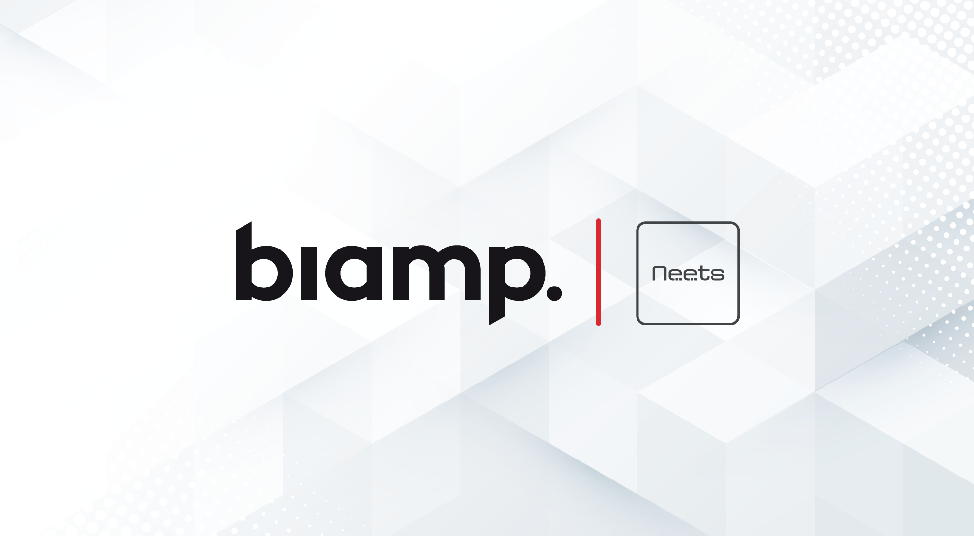 Biamp and Neets logo graphic on light geometric background, audiovisual control and meeting room automation brand partnership banner.
