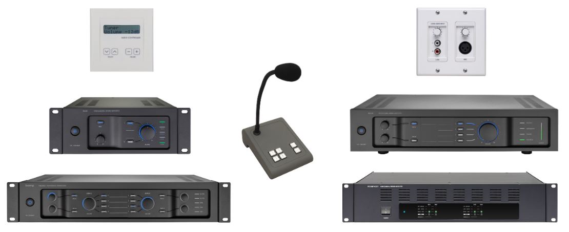 Commercial paging and background music system with rack amplifiers, gooseneck paging microphone, and wall control panels for multi-zone audio distribution