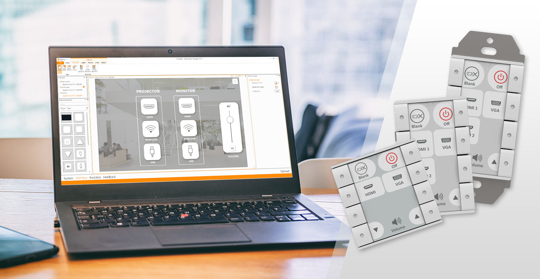 Laptop running AV control interface designer with wall plate buttons for HDMI, VGA, power, and volume in conference room setup