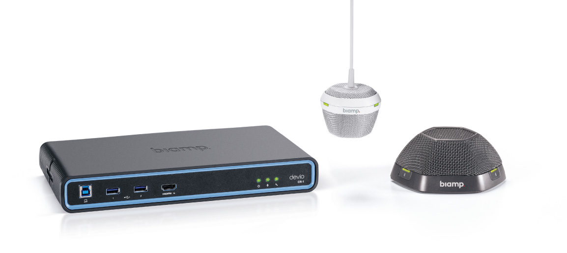 Biamp Devio CR-1 conferencing system with hub, ceiling microphone, and tabletop mic for professional meeting room audio and video setup