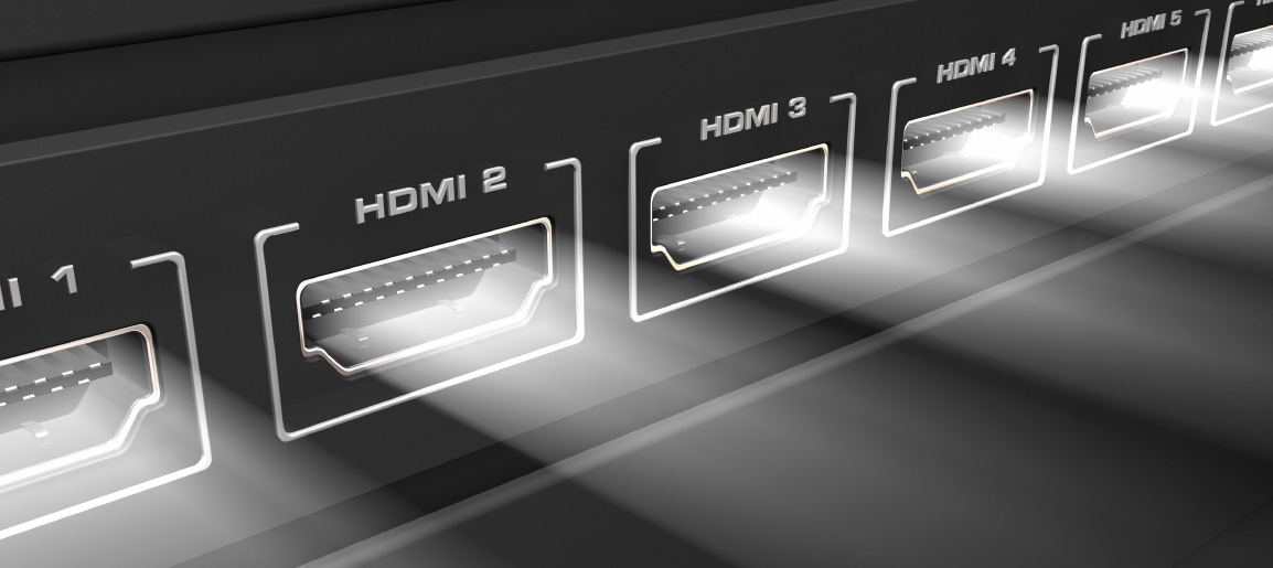 Close-up of HDMI ports labeled HDMI 1–5 on AV device, illustrating multi-input video connectivity for home theater or pro AV setup