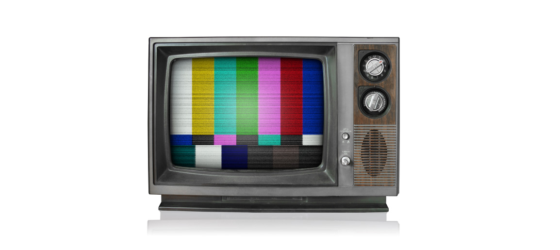 Vintage CRT television with color bars test pattern on screen, retro broadcast signal and old-school TV set isolated on white background