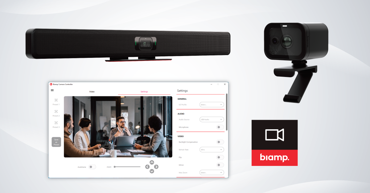 Biamp video conferencing solution with all-in-one conference bar, USB camera, and camera controller software for meeting room setup