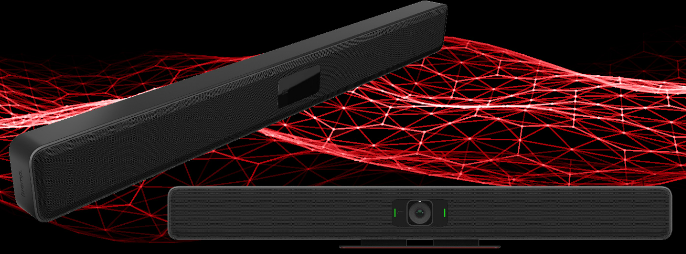 Biamp video conferencing soundbar with built-in camera on black background, modern meeting room audio bar for clear speech and collaboration.