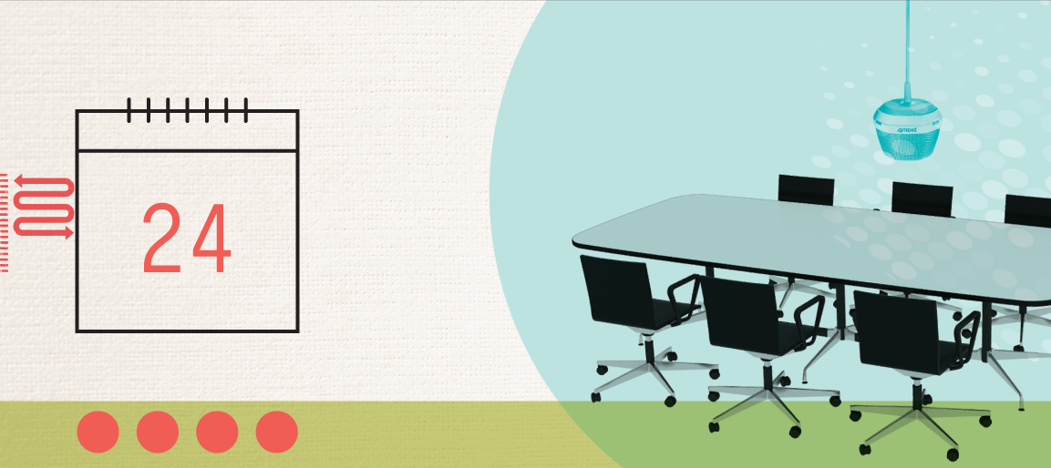 Conference room infographic showing a meeting table with ceiling microphone coverage and a “24” calendar icon, representing room booking or scheduling