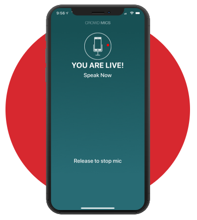 Image of a phone running the Crowd Mics app with a red circle behind the phone.