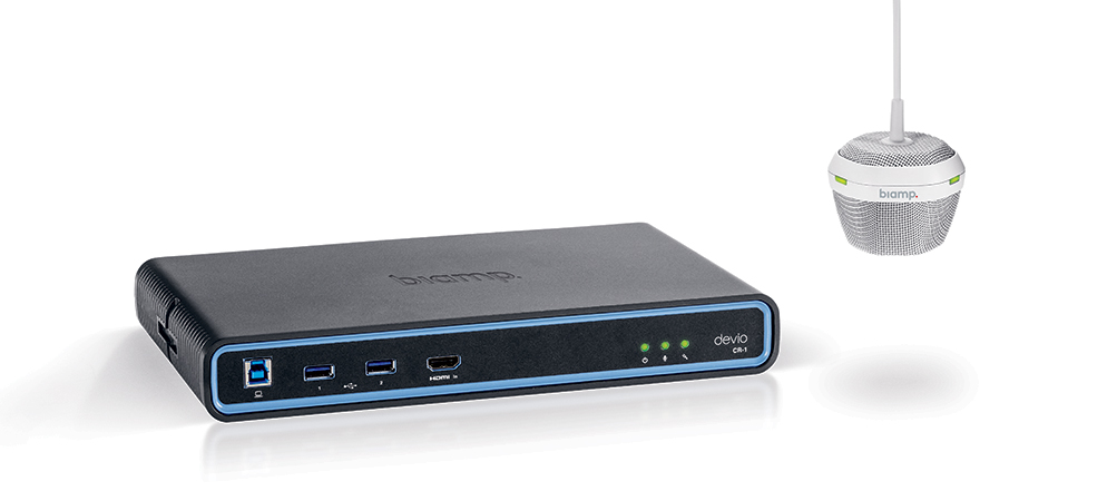 Biamp Devio CR-1 conferencing hub with ceiling microphone, USB and HDMI connections for professional meeting room audio setup