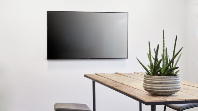Image of a TV display on a wall with a table and a plant on it.