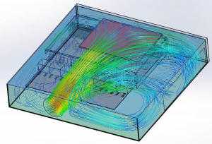 3D fluid flow simulation inside an enclosure, showing airflow streamlines and pressure distribution around internal components