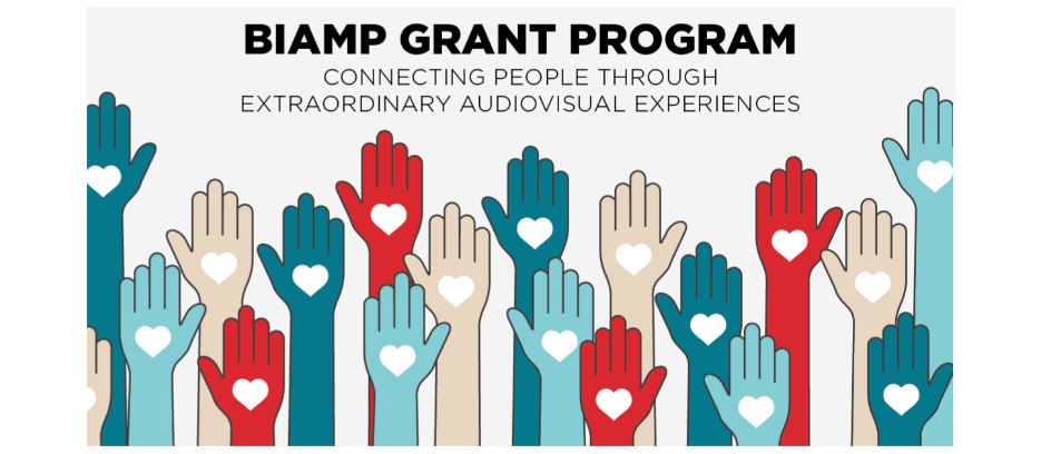 Biamp Grant Program banner with raised hands illustration and text about connecting people through extraordinary audiovisual experiences