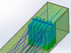 3D acoustic model showing sound wave paths through internal baffles inside a speaker or enclosure design simulation