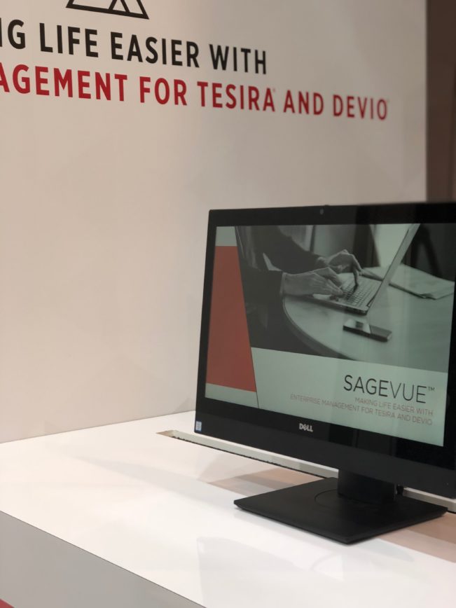 Image of a monitor with SageVue on the screen in the Biamp InfoComm 2018 booth.