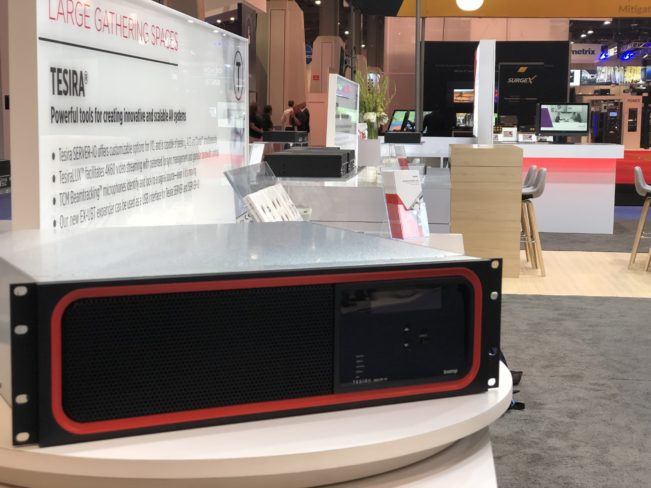 Image of a Tesira Server at InfoComm 2018 in the Biamp booth.