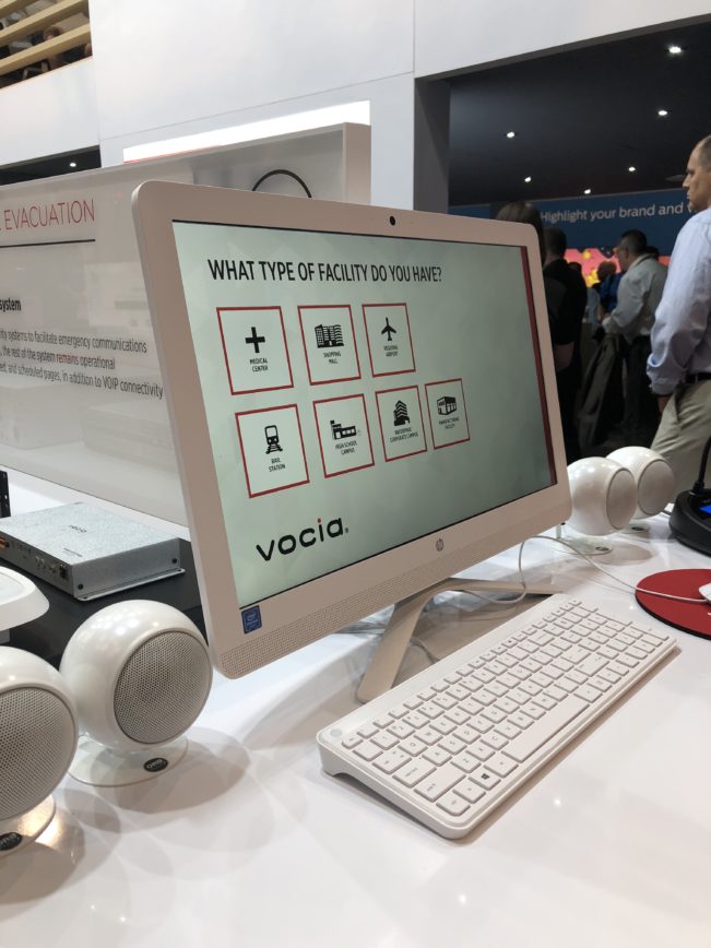 Image of a monitor with Vocia info screen displaying and text What Type of Facility Do You Have?