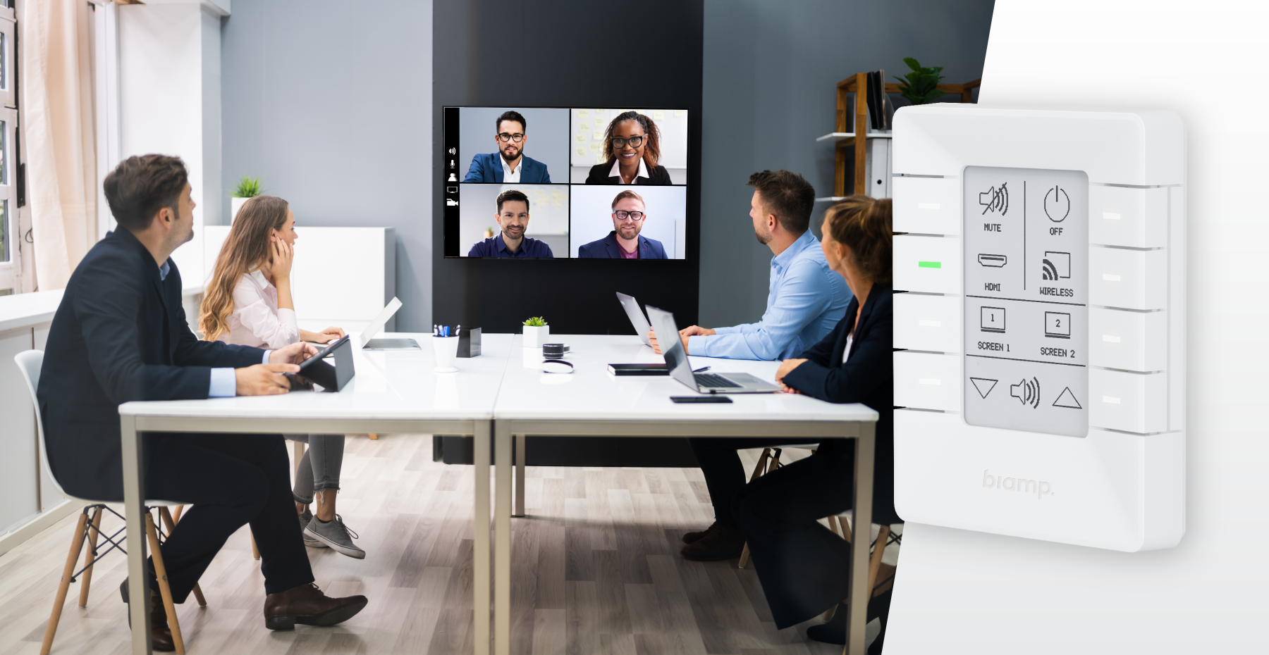 Hybrid meeting room with team on video conference display and Biamp wall control panel for HDMI, wireless sharing, and audio controls