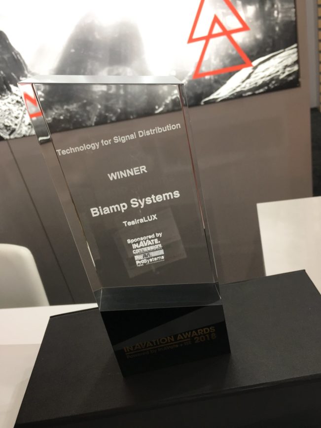 Image of an award with text Technology for Signal Distribution Winner Biamp Systems TesiraLUX