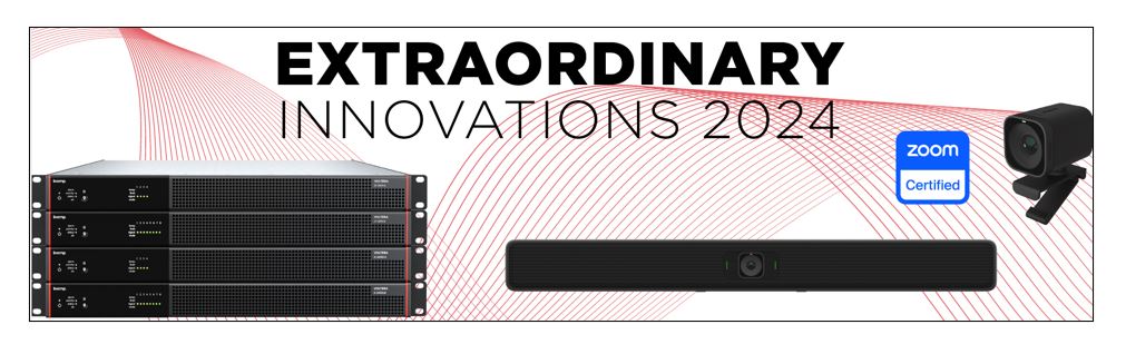 Extraordinary Innovations 2024 banner featuring Biamp rack amplifiers, conferencing bar, Zoom Certified badge, and conference camera