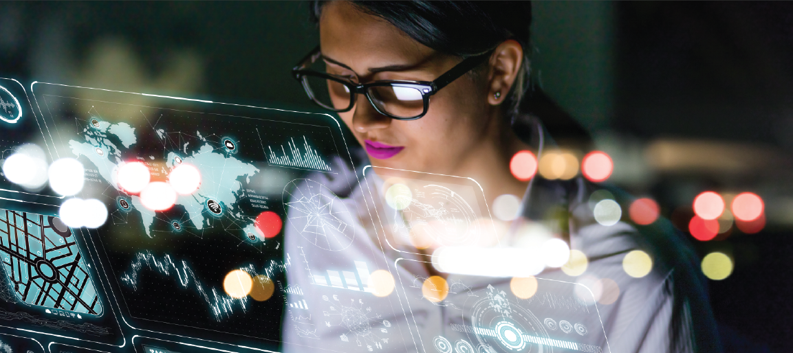Woman analyzing digital data dashboard on futuristic transparent screen, showcasing business intelligence, analytics, and technology innovation at night