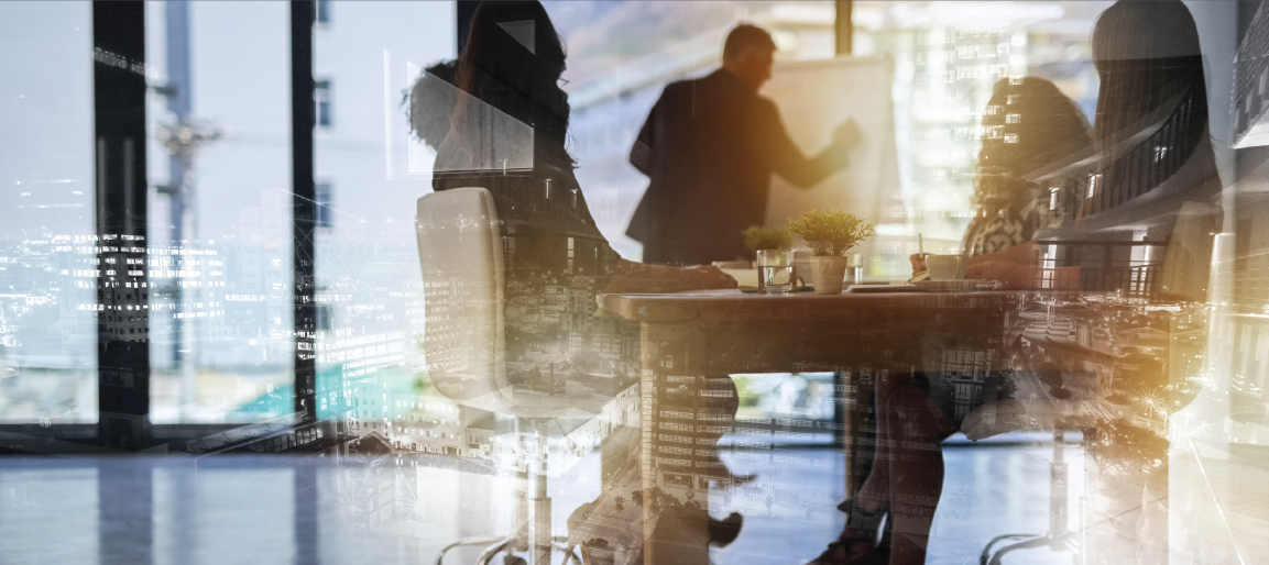 Double exposure of business meeting in modern office with city skyline overlay, corporate teamwork, strategy discussion and digital workplace concept.