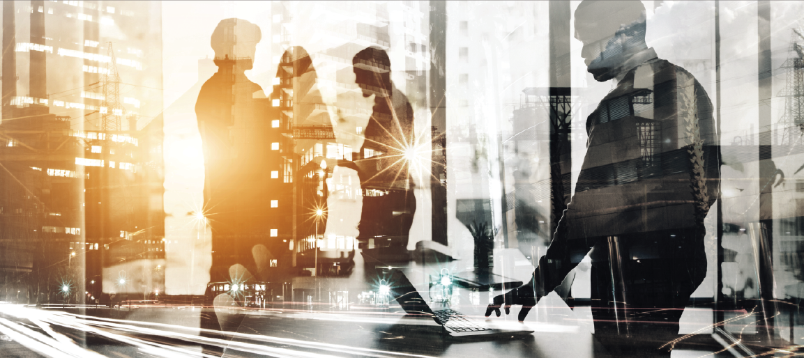 Double exposure of business team silhouettes in modern office with city skyline, corporate collaboration, digital transformation and urban work concept.