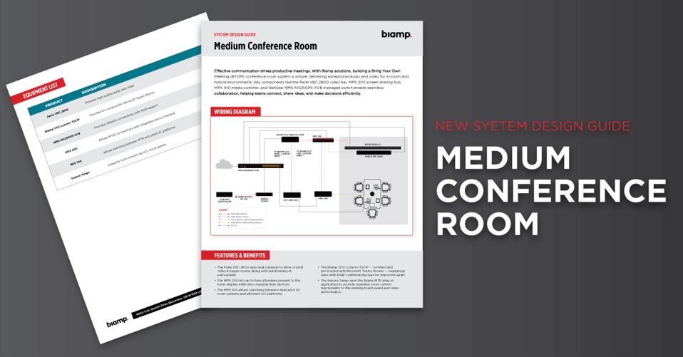 Biamp medium conference room system design guide cover with equipment list and wiring diagram for meeting room AV planning