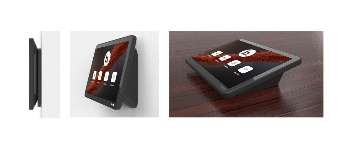 Biamp touchscreen room scheduling and AV control panel shown wall-mounted and tabletop for conference room management