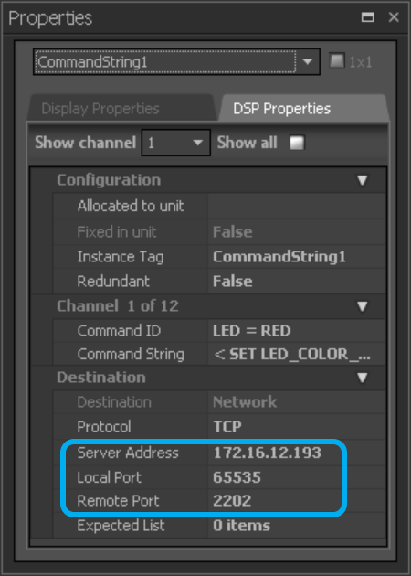 Screen shot of DSP Properties with the Server Address, Local Port and Remote Port highlighted.