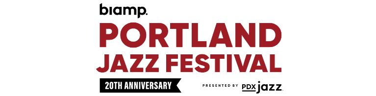 Biamp Portland Jazz Festival 20th anniversary banner presented by PDX Jazz with event logo text on white background