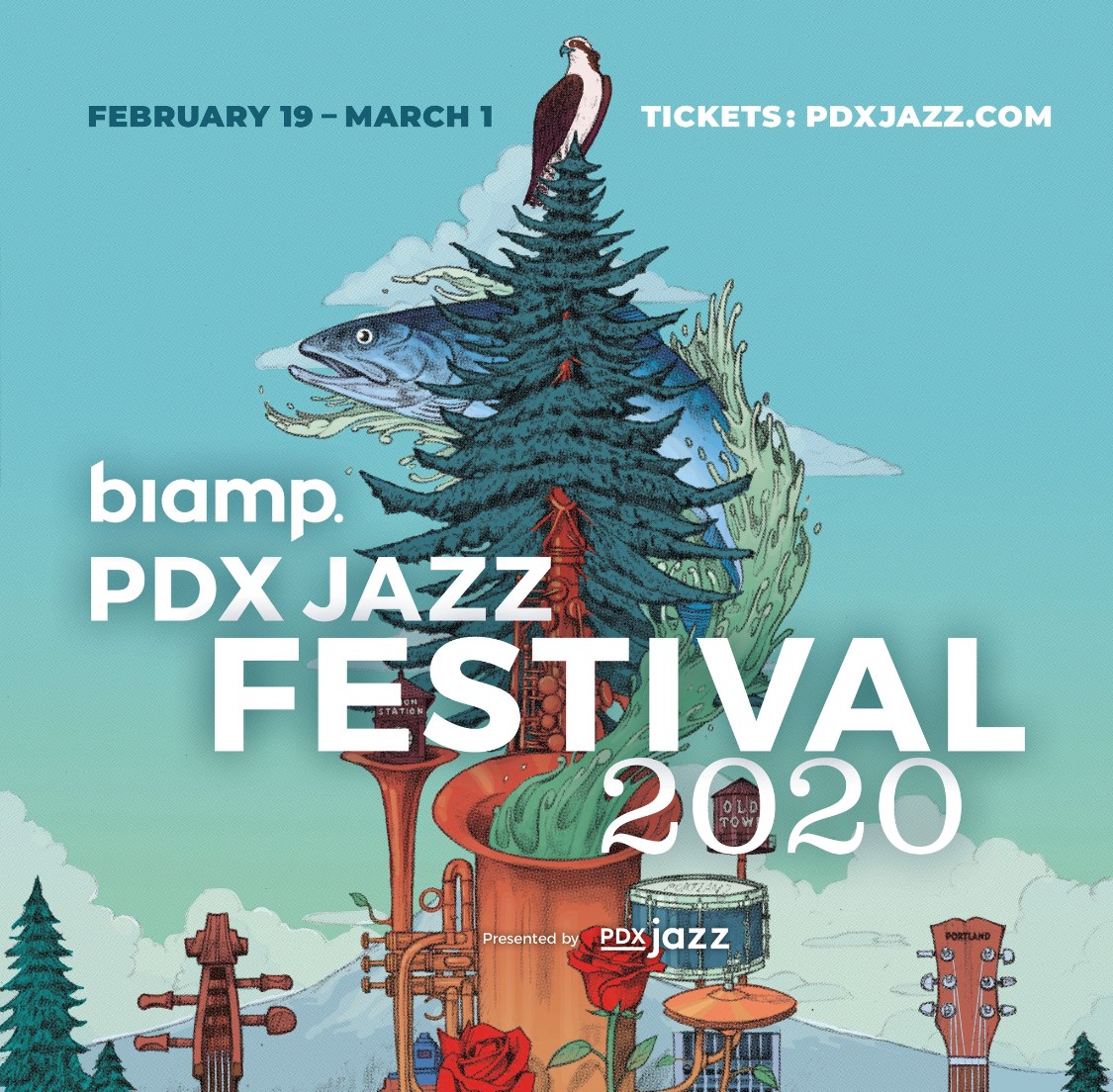 Biamp PDX Jazz Festival 2020 poster with illustrated Pacific Northwest theme, event dates Feb 19–Mar 1.