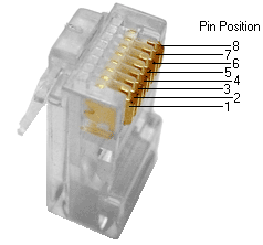 Close-up of RJ45 Ethernet connector showing 8 pin positions labeled for network cable wiring diagram