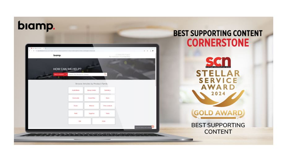 Biamp Cornerstone support portal on laptop winning SCN Stellar Service Award 2024 Gold for best supporting content