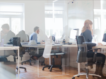 Employees working in bright open office with desks and computers, modern workplace environment with glass walls and collaboration space