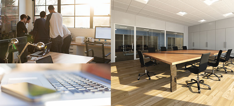 Office workplace collage showing team collaboration, conference room meeting space, and laptop keyboard for modern business productivity