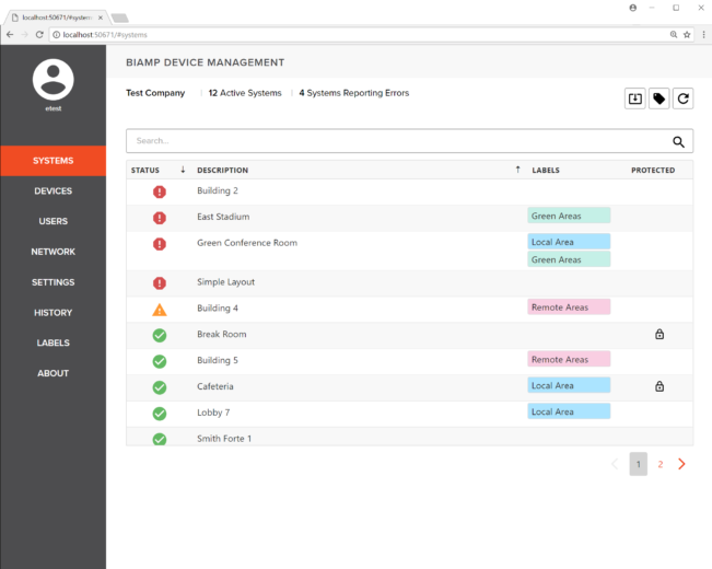 Screen shot of Biamp Device Management interface