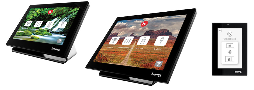 Image of Several of Biamp’s touchscreen controller models.