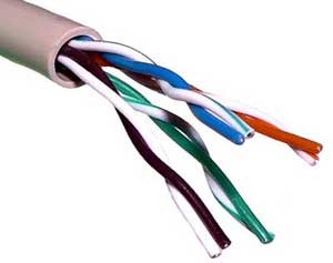 Close-up of exposed twisted-pair Ethernet cable with colored internal wires on white background
